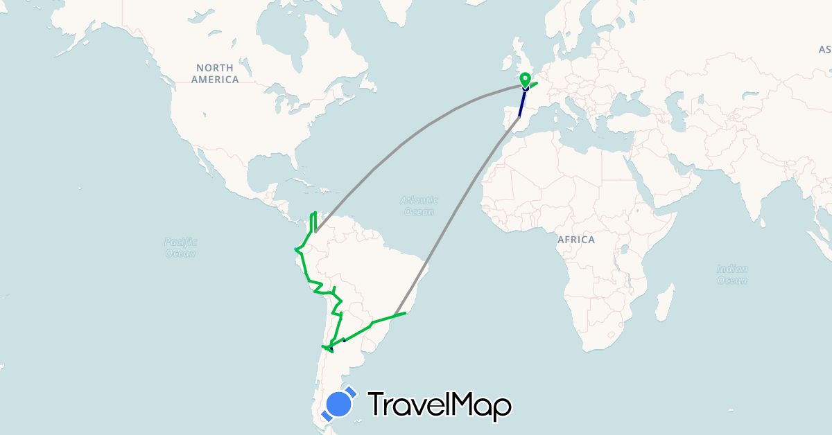 TravelMap itinerary: driving, bus, plane, boat in Argentina, Bolivia, Brazil, Chile, Colombia, Ecuador, Spain, France, Peru (Europe, South America)
